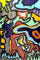 Close-up of multicolored abstract shapes with drips and bold outlines