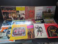 Display of all 17 LP records arranged in rows showing front album covers with a variety of colors and designs.