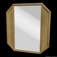 Full view of contemporary geometric-shaped mirror with wicker woven frame showing dimensions and condition.