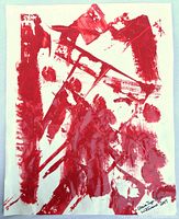 Full view of abstract painting "Fight" showing red geometric shapes and circular forms on vintage paper with visible texture and slight bends.