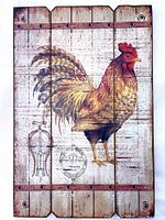 Full view of French kitchen rooster barn wall art sign on wood panels with painted rooster and corkscrew.