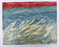 Full view of original painting on vintage paper showing abstract waves and horizon with red sky band, signed and dated by artist