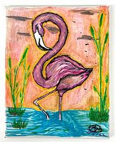 Colorful original marker painting of a pink flamingo in water with plants, signed at bottom right.