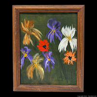 Frontal view of the acrylic floral painting with wood frame showing the colorful flowers on green background.