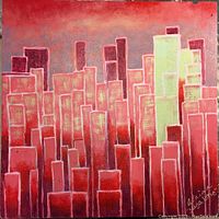 Front view of the abstract cityscape painting with signature visible at bottom right corner. Shows geometric red and pink buildings with light green highlighted building.