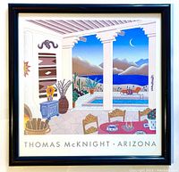 Front view of framed Thomas McKnight Arizona Desert Interior Print showing the colorful desert scene and black acrylic frame.