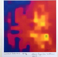 Full view of the abstract print showing the vibrant pixelated design in red, blue, yellow, and purple with artist signature and numbering.