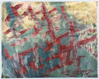 Full view of the "Veil" painting showing abstract red brush strokes on a muted multicolor background with natural paper texture.