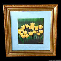 Full image of signed yellow tulips floral print framed in an ornate gold frame with light blue mat, showing the entire artwork and frame.