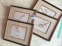 Four framed original artworks laid out together showing minimalist bird designs in black and gold, signed Benjamin Chee Chee.