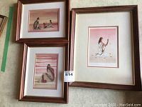 Three framed 5x7 art prints by Ioyan Mani on floor with wood frames, showing Native American-inspired figures in warm colors.