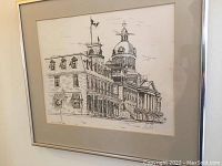 Full view of framed 8x10 black and white architectural print showing Kingston City Hall, mounted with neutral mat and silver metal frame.