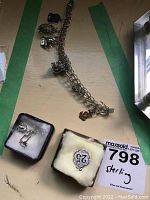 Overview of the sterling silver charm bracelet with charms attached and three extra charms in two small jewelry boxes.