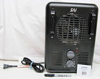 Front view of black SAi electric heater showing ventilation grill and two control knobs