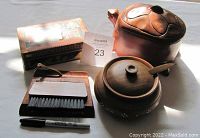 Photo showcasing all four items: wooden trinket box with Egyptian-style artwork, carved turtle container, lidded condiment bowl with spoon, and small wooden table broom with brush and dustpan.
