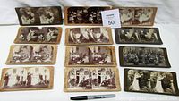 Overview photo showing all twelve stereoview cards laid out. Includes mix of social, domestic, risqué, and group scenes.
