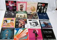 Full view of all 16 records laid out showing colorful picture sleeves from various artists and album titles.