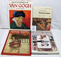 Four art books arranged upright and front-facing: Great Masterpieces by Van Gogh, The Complete Paintings of Toulouse-Lautrec, The Advertising World of Norman Rockwell, and Twenty Painters / Twenty Paintings Suitable For Framing. Books vary in size and cover art style.