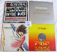Photo showing the front covers of four 12-inch 45 RPM vinyl remix singles: Orchestral Manoeuvres In The Dark, Pet Shop Boys, Chaka Khan, and The Tenants with CBS label visible.