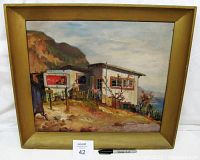 Front view of framed oil painting with scale reference (pen and lot card)