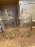 Photo shows two large clear glass jars standing side by side on carpeted floor, approximately 20 inches tall with narrow neck openings.