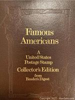 Front cover of the hardcover album with embossed decoration and gold lettering reading 'Famous Americans A United States Postage Stamp Collector's Edition from Reader's Digest'.