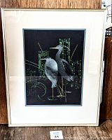 Framed original watercolour and gouache artwork titled 'Two Blue Herons' by Robert Newton Hurley, showing two stylized blue herons on black background with abstract green details.