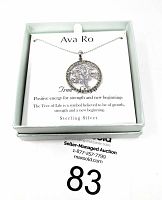Top view showing the pendant and necklace on branded backing card inside original Ava Ro box with product information.