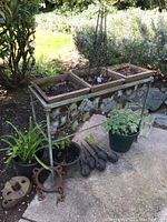 Iron plant stand with decorative leaf design holding three wooden square planters with soil and visible rotting