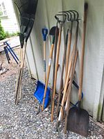 Photo showing variety of yard tools including rakes, shovels, hoes, and a snow shovel, all with wooden handles.