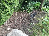 Wrought iron topiary frame laid on ground next to greenery and three cast iron hose keepers.