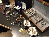 Wide view of collection including cuff links, tie tacks, pins, and jewelry box showing item variety and arrangement