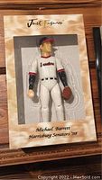 Michael Barrett baseball action figure in original display box showing front with 'Just Figures' branding and 'Michael Barrett Harrisburg Senators '98' label.