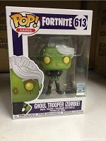 Front view of the boxed Funko POP! Fortnite Ghoul Trooper (Zombie) vinyl figure, showing figure and box design.