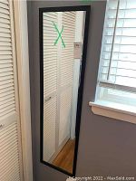 Mirror hanging on wall near window with visible black frame and door reflection
