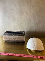 Photo of flower pot next to closed turtle shell container, with measuring tape showing dimensions.