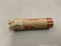Paper coin wrapper rolled for 50 pennies, marked as 1948 unsearched wheat cents from Gloucester hoard