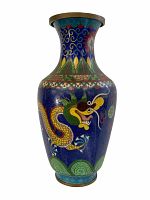 Front and side view of tall cloisonné vase with yellow dragon design on deep blue enamel background, showcasing flared rim and metal wire outlines.