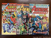 Photo of three Avengers comic books: Giant-Size Avengers #3, Avengers #154, Avengers #151, showing front covers and overall condition.