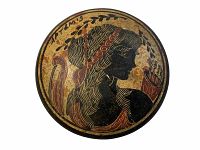 Top view of the pottery jar painted with Artemis profile, showing color and detail.