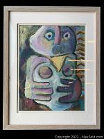 Framed abstract painting showing an outsider art style figure in cool tones, displayed vertically.