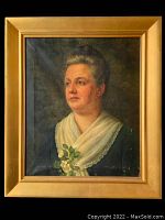 Frontal view of signed antique oil painting portrait of a woman with visible paint flaking and damage, framed in solid yellow wood.