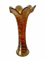 Full view of the vintage marigold carnival glass vase with its fluted and ripple design from a frontal angle on a white background.