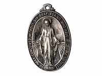 Front view of the oval sterling silver medallion showing depiction of Mother Mary surrounded by prayer inscription and date 1830 at bottom.