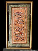 Frontal view of the entire framed embroidered textile panel showing full piece and frame.