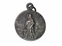 Front side of antique medallion showing Saint Roch holding a staff with a dog at his side, inscribed 'Saint Roch'.