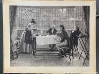 Full view of antique black and white engraving showing four people in a Victorian room with large windows, seated and standing around a dining table.