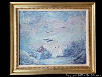 Front view of original framed oil painting of winter scene with flying birds and snowy landscape, signed by B. Holmberg.