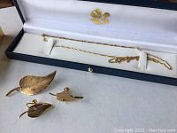 Interior of jewelry box showing 20" gold chain, leaf brooch, and clip-on earrings