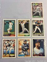 Seven 1992 Topps baseball cards featuring players in action poses, front view showing player images, names, and team logos.